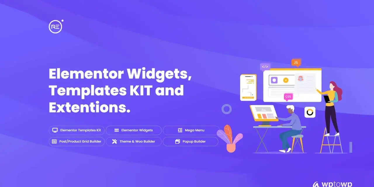 L'image présente les extensions Elementor, offrant des widgets, des kits de modèles et des fonctionnalités pour un design web royal.