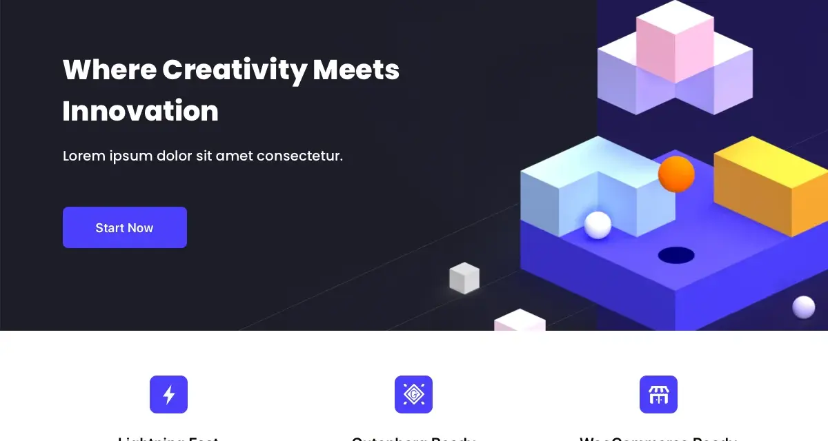 Le thème **Blocksy** présente une page d'accueil moderne avec des blocs 3D colorés et des fonctionnalités clés comme "Lightning Fast" et "WooCommerce Ready".