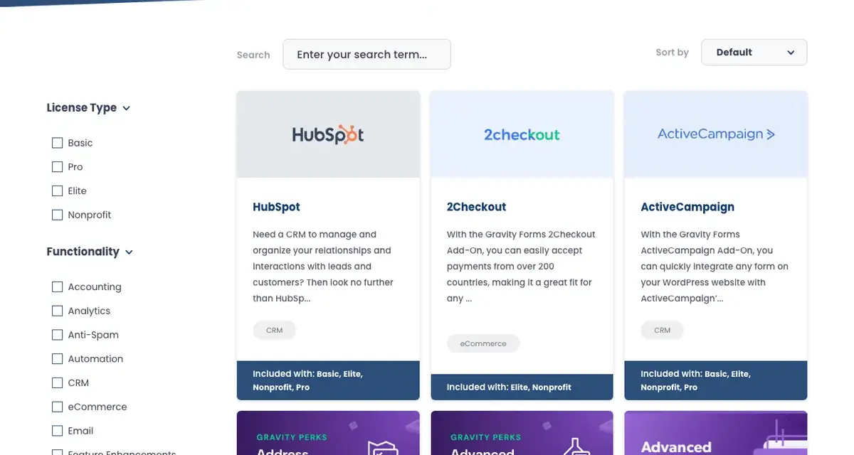 Catalogue d'extensions pour Gravity Forms : HubSpot, 2Checkout, ActiveCampaign et des fonctionnalités comme Address Autocomplete.