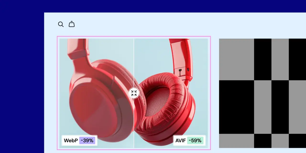 Comparaison visuelle : casque rouge en WebP (-39%) vs AVIF (-59%). Le format WebP est plus léger que le JPG.