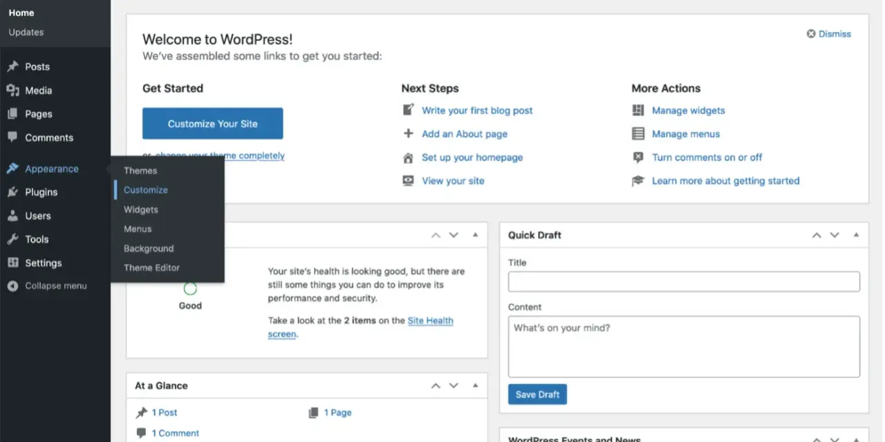 Tableau de bord WordPress. Le menu "Apparence" est ouvert, montrant les options pour personnaliser le site, y compris comment ajouter une police WordPress via le thème.