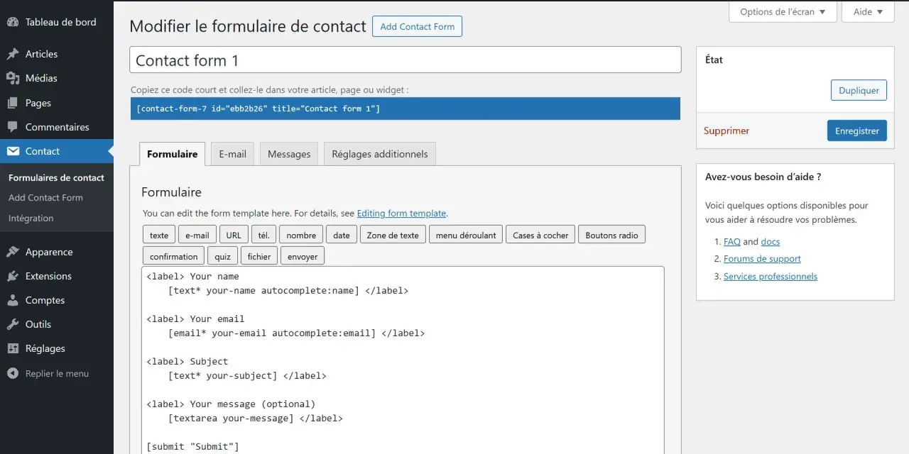 Modification du formulaire de contact 1, un outil de contact form 7, avec des champs pour nom, email, sujet et message.