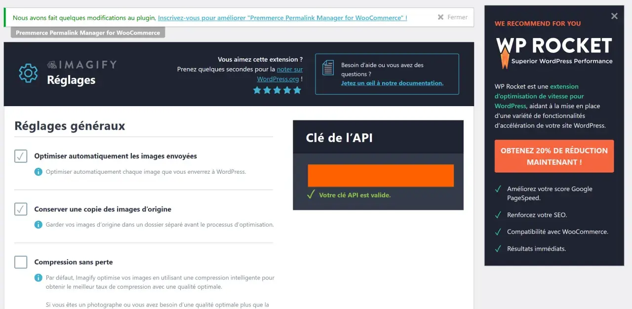 Paramètres d'Imagify, un wordpress image optimizer, pour optimiser automatiquement les images et conserver les originaux.