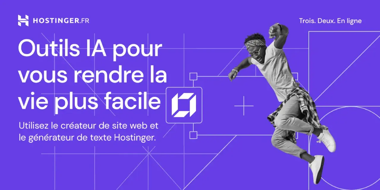 Outils IA Hostinger pour un blog facile. Un homme saute de joie, symbolisant la simplicité de créer un site web et du contenu.