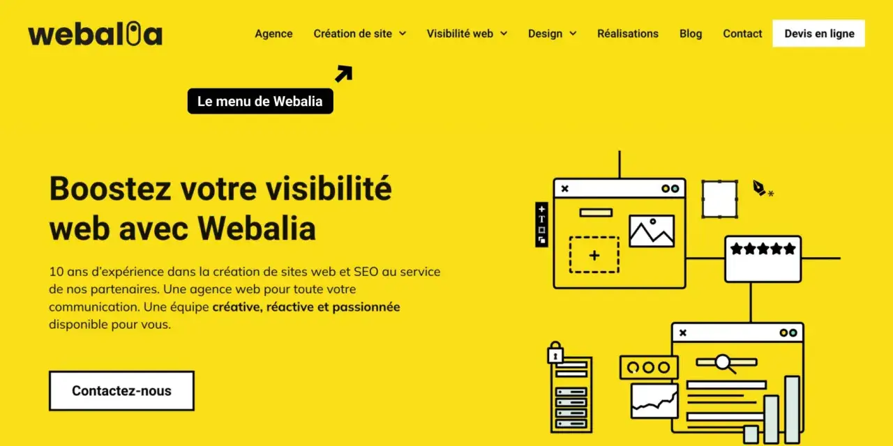 Le menu déroulant WordPress de Webalia, une agence web, propose des services pour booster votre visibilité en ligne.