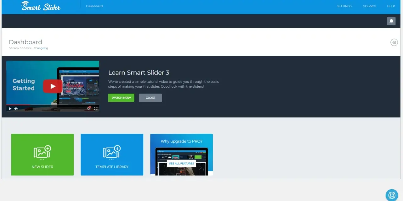 Tableau de bord Smart Slider 3 avec une vidéo de démarrage et des options pour créer un nouveau slider ou explorer la bibliothèque de modèles.