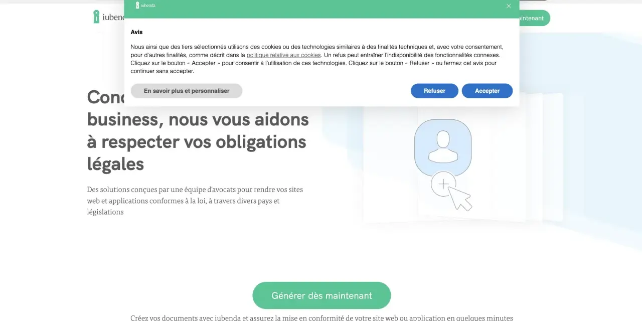 Une barre de notification de cookies s'affiche en haut de la page. Elle propose d'accepter, refuser ou personnaliser les cookies.