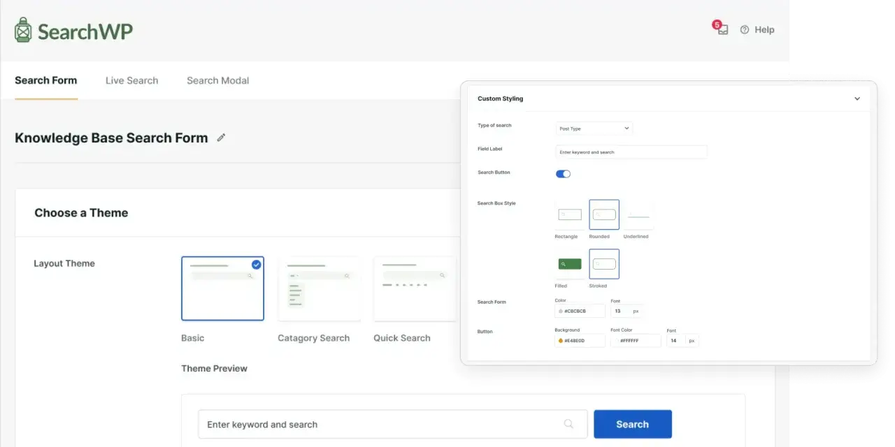 Interface de configuration d'un **search form WordPress** pour une base de connaissances, avec options de style et de thème.