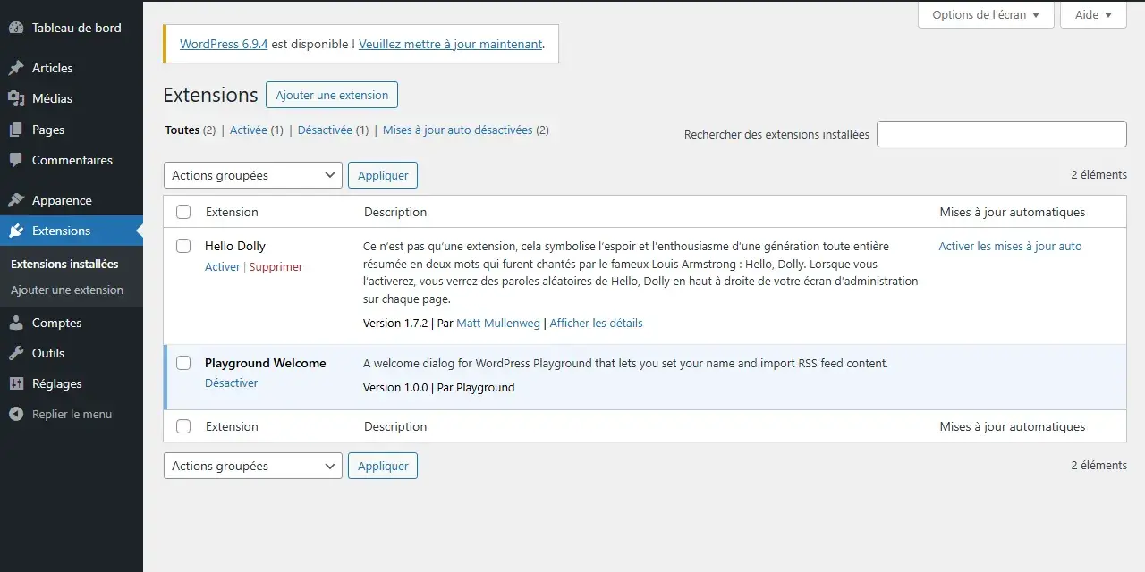 Interface d'administration WordPress pour mettre WordPress en français. Liste des extensions installées, avec "Hello Dolly" et "Playground Welcome".