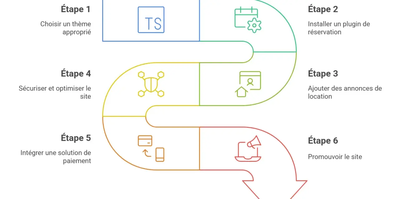 Schéma des 6 étapes pour créer un exemple de site internet location saisonnière avec WordPress : choix du thème, plugin de réservation, annonces, sécurité, paiement et promotion.