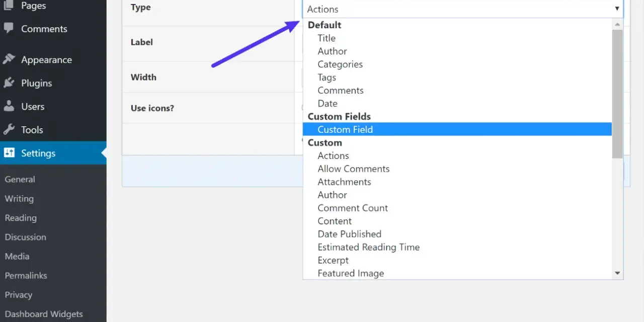 Interface d'administration WordPress : sélection du champ personnalisé "Custom Field" dans le menu déroulant "Type" pour les colonnes d'administration.