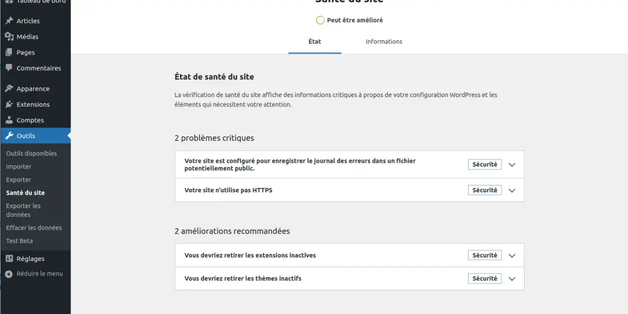 Tableau de bord WordPress : état de santé du site, avec 2 problèmes critiques et 2 améliorations pour la création de votre site web santé.