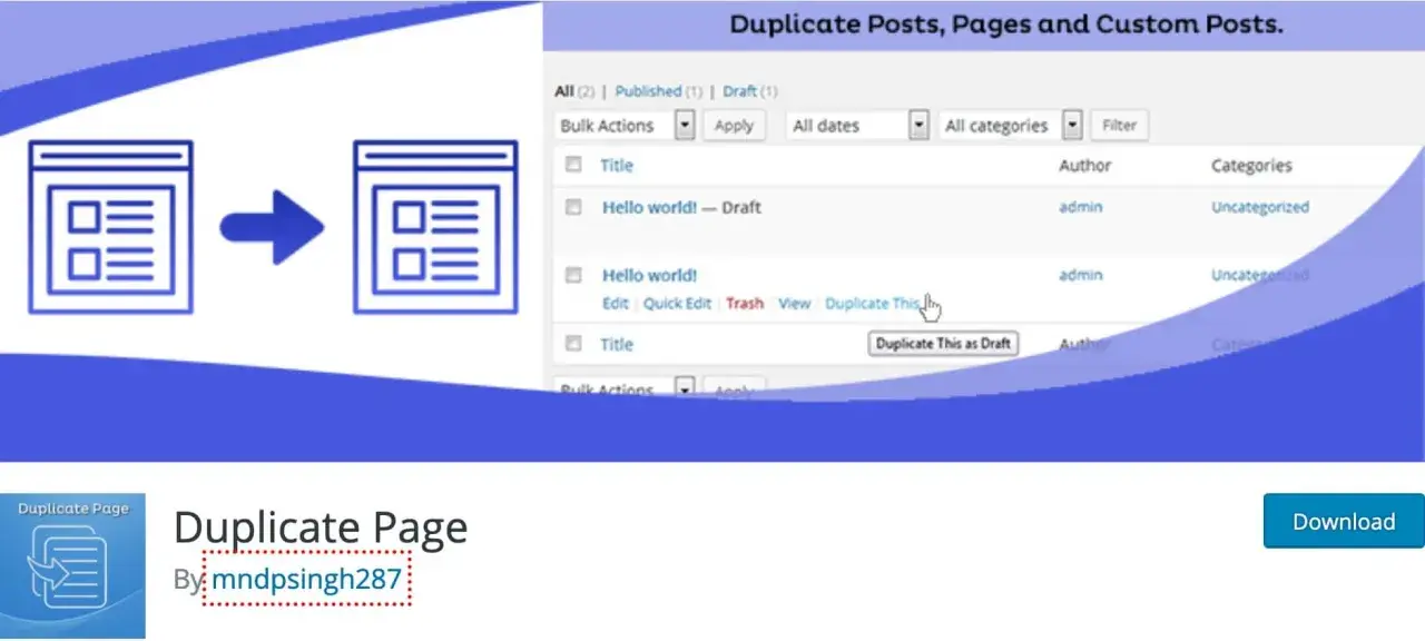 Icône montrant la duplication d'un article WordPress. L'interface WordPress affiche des options pour dupliquer un article.