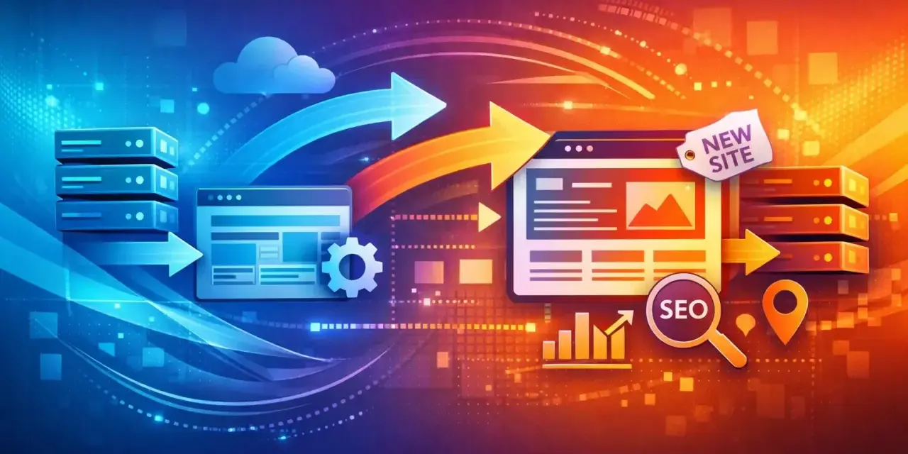 Illustration conceptuelle de migration de site web avec des serveurs, des flèches et des icônes SEO.