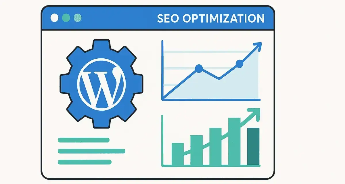 Icône WordPress et graphiques pour l'optimisation SEO. Un tableau de bord montre la croissance des performances.