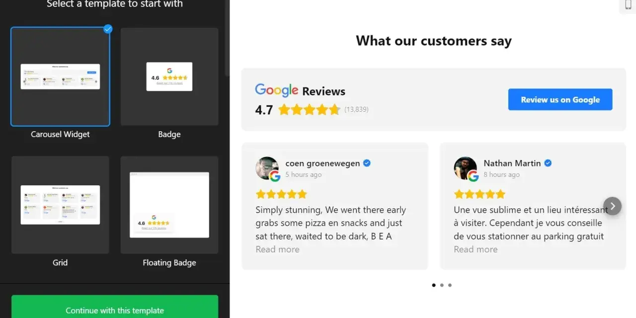 Modèle de widget carrousel pour afficher les Google Reviews sur WordPress.