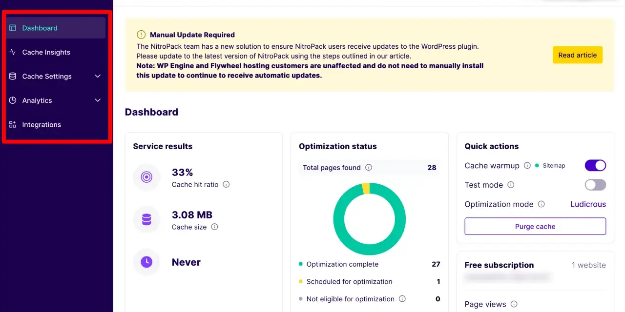 Tableau de bord NitroPack affichant les statistiques du plugin cache WordPress : ratio de succès du cache, taille du cache et statut d'optimisation.