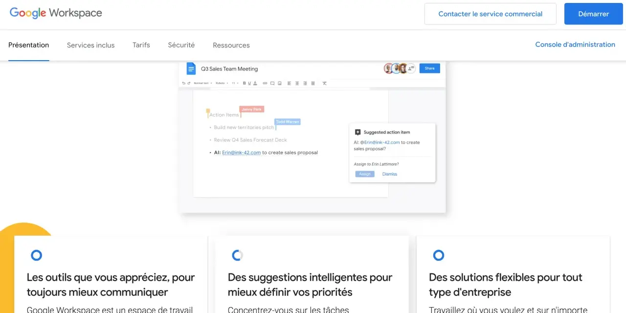Interface Google Workspace montrant un document avec des éléments d'action et une suggestion d'e-mail pour créer une proposition commerciale.