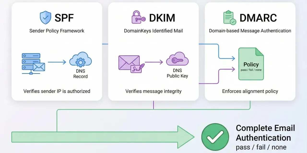 Schéma illustrant SPF, DKIM et DMARC pour l'analyse de l'entête mail. Vérification de l'expéditeur, de l'intégrité et de la politique d'alignement pour une authentification complète.