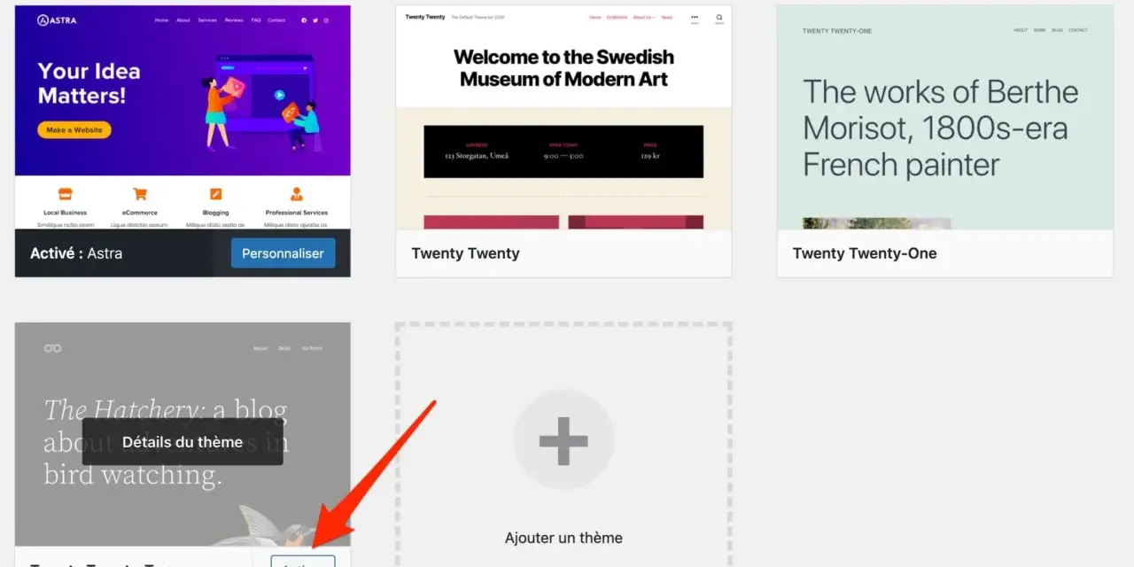 Interface de gestion des thèmes WordPress. Astra est actif, d'autres thèmes comme Twenty Twenty et Twenty Twenty-One sont visibles, prêts pour un portfolio.