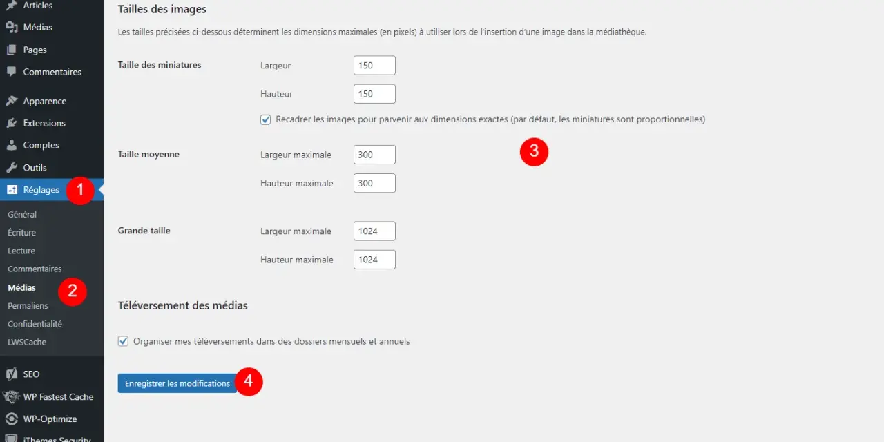 Réglages des médias WordPress : ajustez les tailles des miniatures, moyennes et grandes pour régénérer les miniatures.