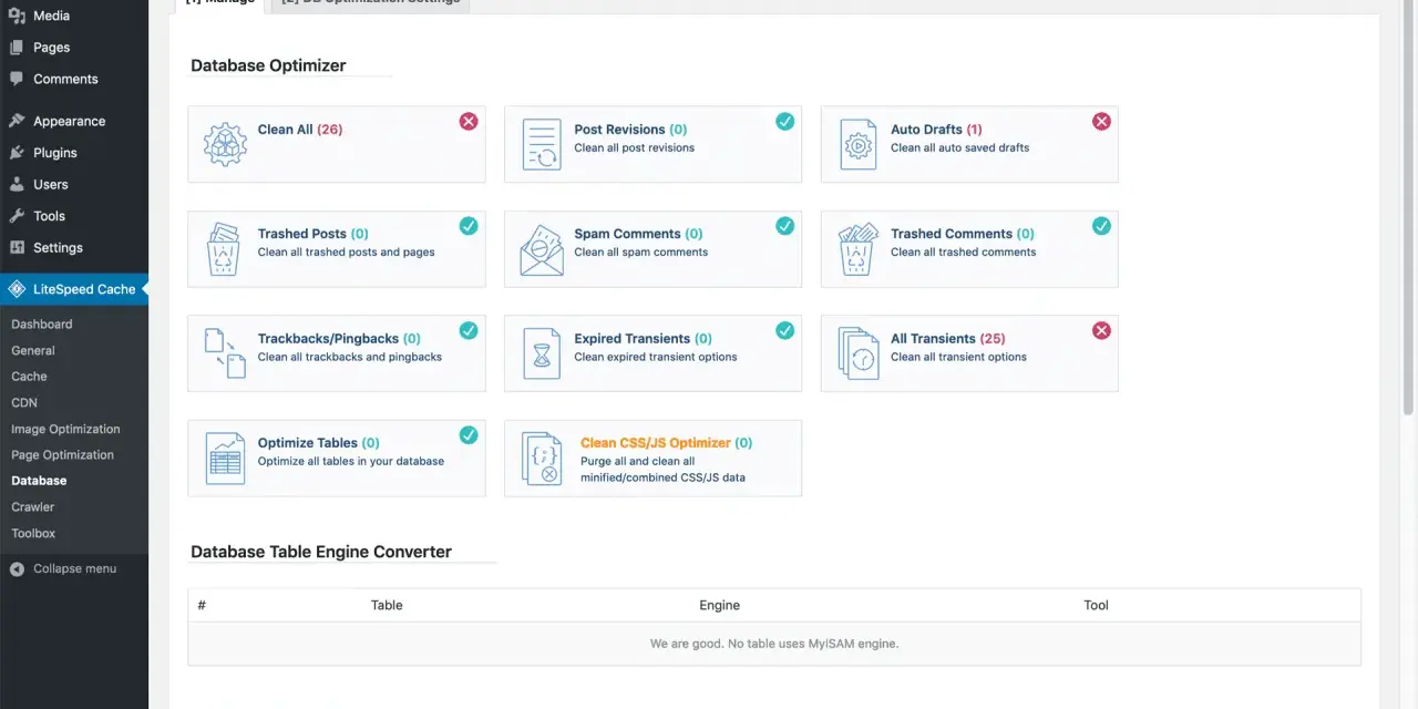 Interface d'optimisation de base de données de LiteSpeed Cache pour WordPress. Nettoie les brouillons, les commentaires spam, les révisions, etc.