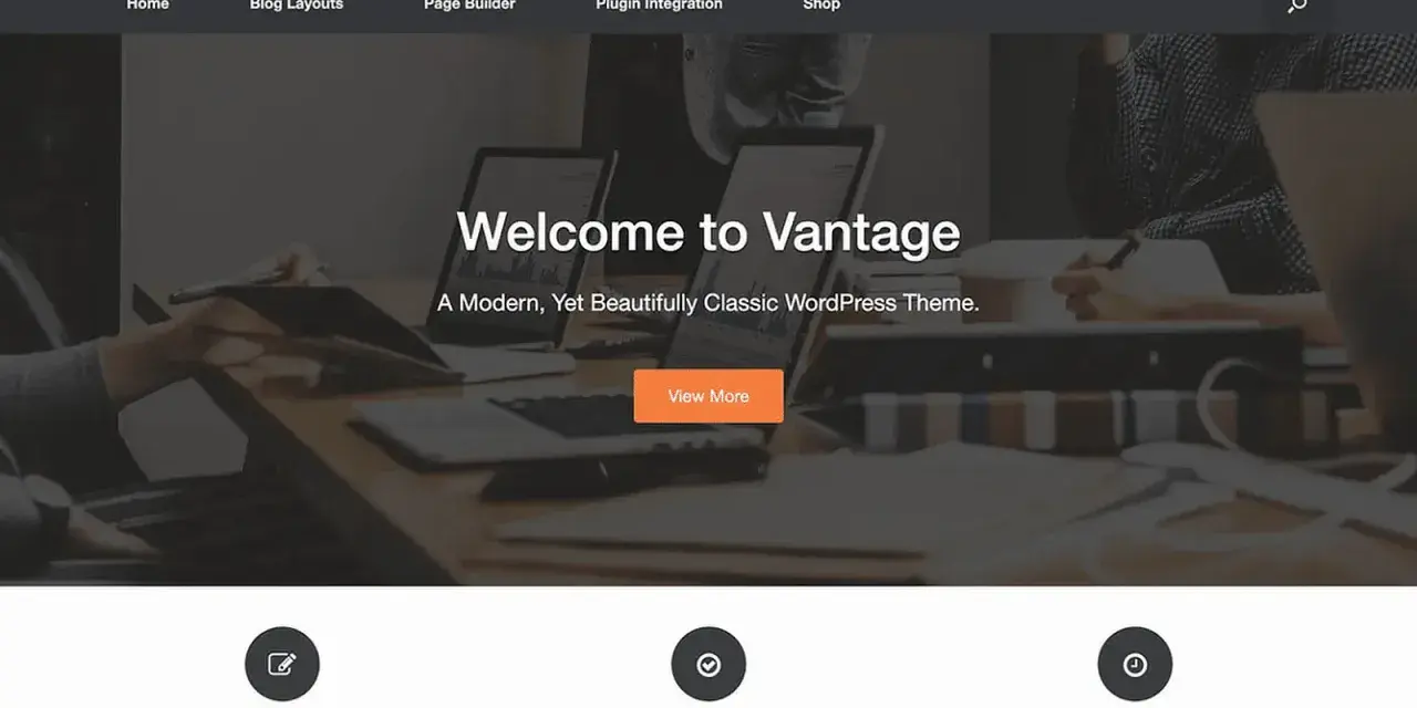 Exemple de site web personnel : page d'accueil du thème WordPress Vantage, avec un slogan invitant et des sections "Ce que nous faisons", "Nos services" et "Notre équipe".