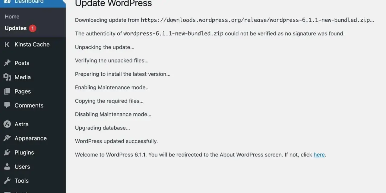Mise à jour de WordPress 6.1.1 effectuée avec succès. Le site est prêt.