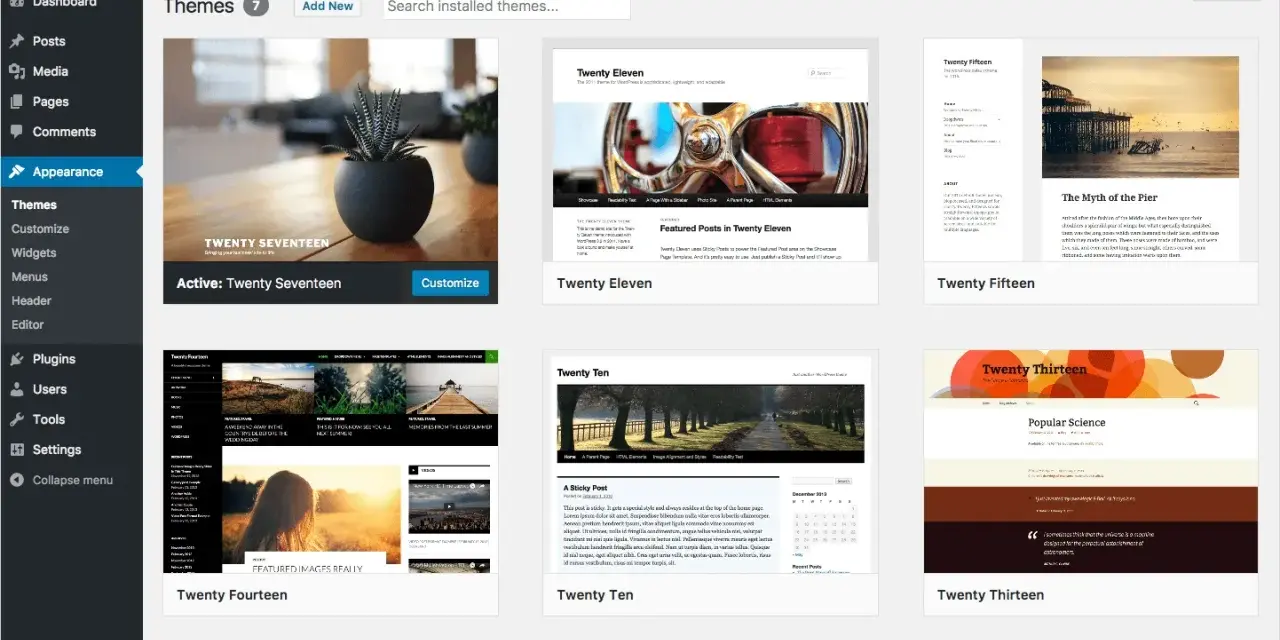 Interface WordPress pour choisir un template blog. Thèmes disponibles : Twenty Seventeen, Eleven, Fifteen, Ten, Fourteen, Thirteen, Twelve.