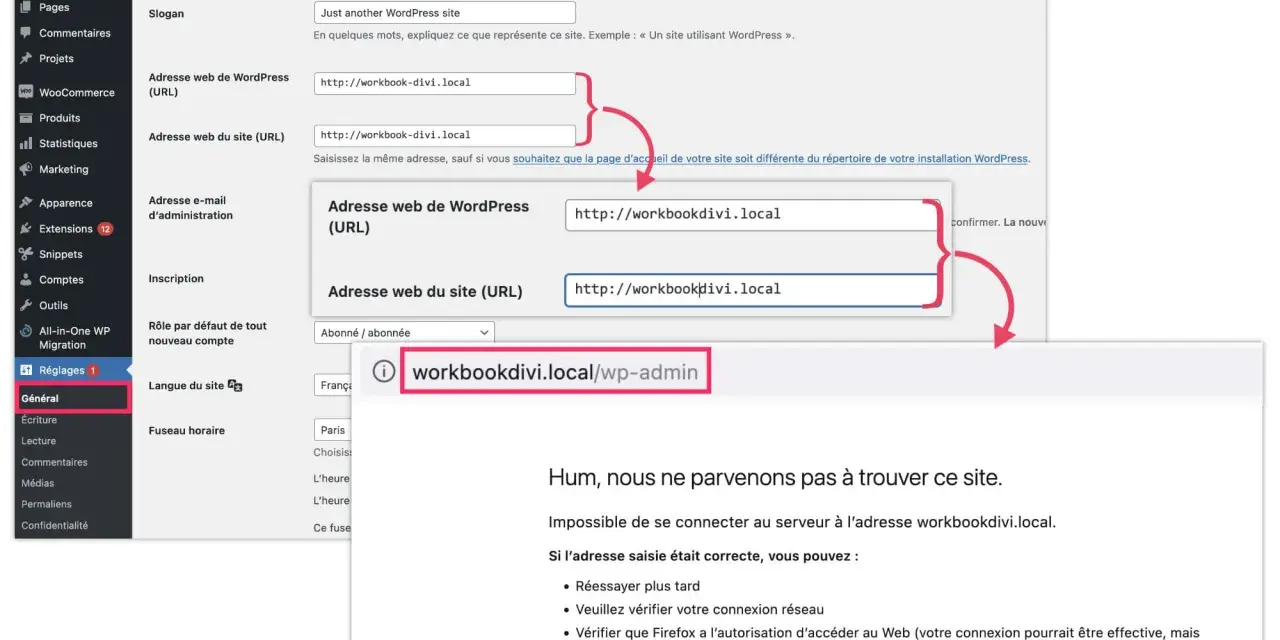 Interface WordPress montrant les réglages généraux pour changer l'URL du site. Une erreur indique que le site n'est pas accessible à l'adresse saisie.