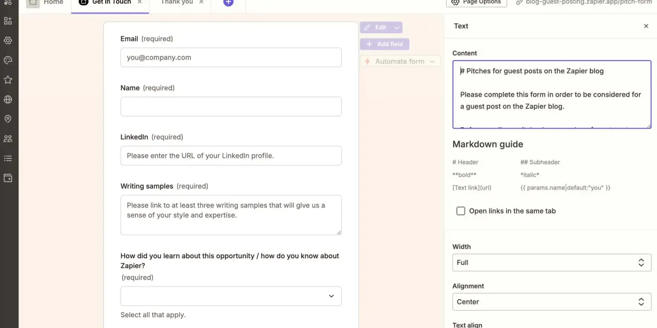 Formulaire de soumission pour un article invité sur le blog Zapier. Créez votre propre formulaire gratuitement avec Zapier.