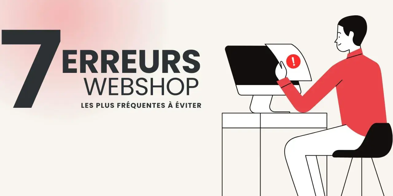 7 erreurs webshop à éviter pour bien lancer un blog. Un homme regarde un écran d'ordinateur avec un point d'exclamation.