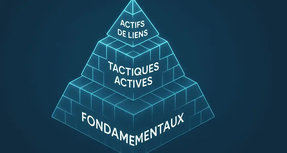 Pyramide illustrant les "Actifs de liens", les "Tactiques actives" et les "Fondamentaux" pour un site.