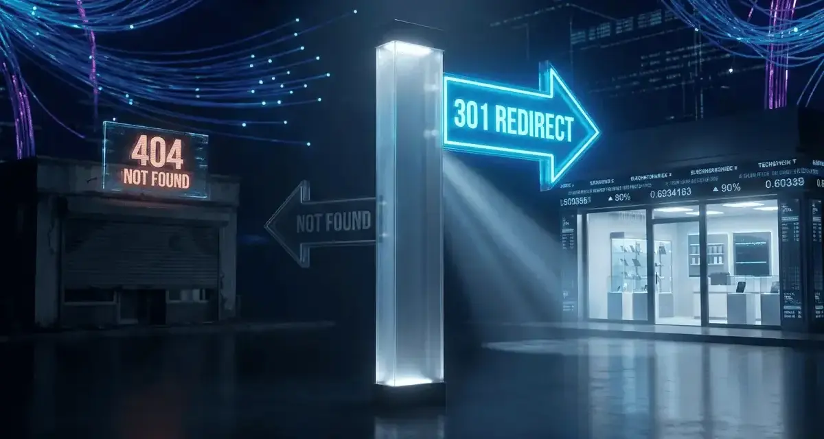 Un panneau lumineux "301 REDIRECT" pointe vers un magasin moderne, contrastant avec un bâtiment "404 NOT FOUND". Un plugin redirection WordPress pour guider les visiteurs.