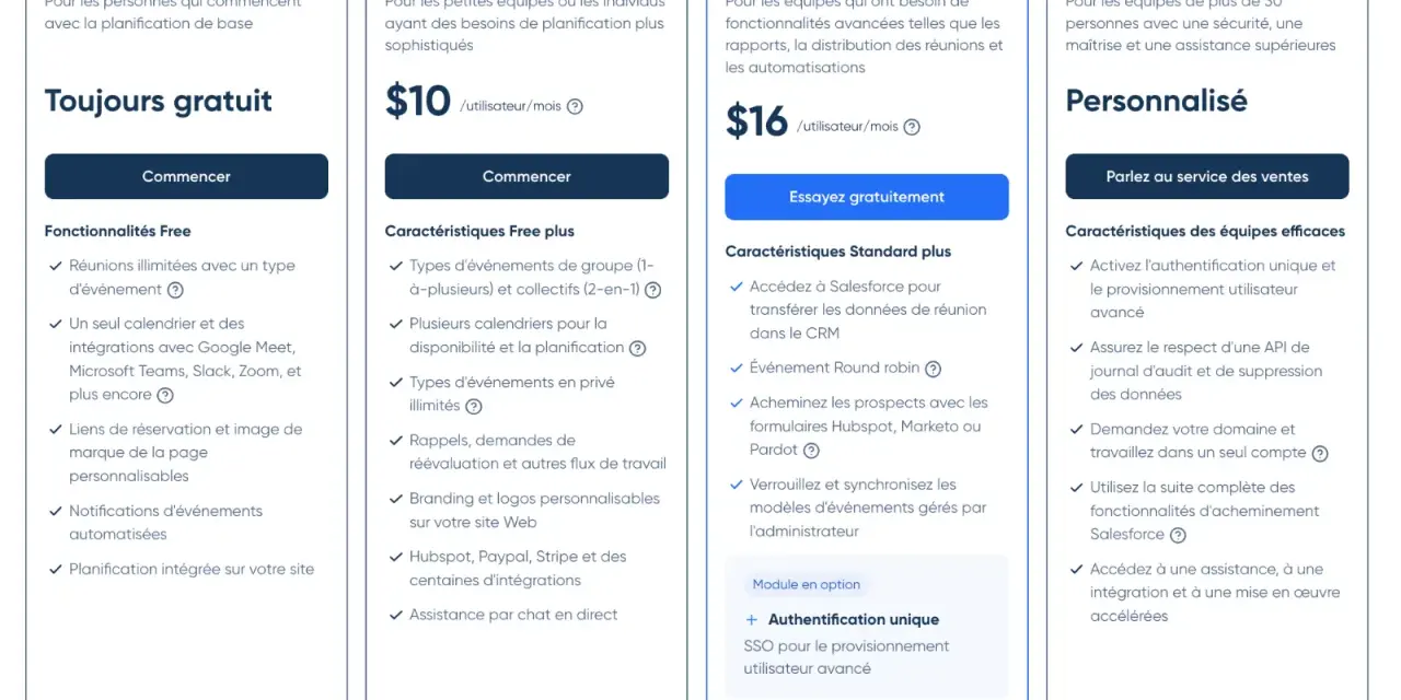 Tableau comparatif des plans de planification de rendez-vous : Free (gratuit), Standard ($10/mois), Teams ($16/mois) et Enterprise (personnalisé). Le plan Free est un logiciel prise de rendez vous gratuit.