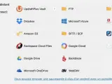 Icônes de stockage pour sauvegarde/restauration : UpdraftPlus Vault, Dropbox, Amazon S3, FTP, Microsoft Azure, SFTP/SCP, S3-Compatible, OpenStack, DreamObjects, Rackspace, Google Cloud, Email, Google Drive, Backblaze, OneDrive, WebDAV.
