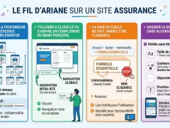 Infographie expliquant le fil d'Ariane sur un site d'assurance : analyse, utilisation, design et règles pratiques.