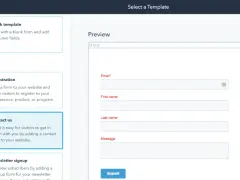 Interface de création de formulaires, offrant des modèles comme "Contact us" ou "Registration", une alternative à Google Forms.