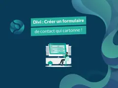 Illustration d'un formulaire de contact Divi sur un écran, avec une personne assise devant.