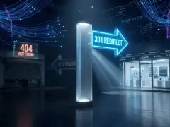 Panneau lumineux "301 REDIRECT" indiquant la bonne direction, contrastant avec un panneau "404 NOT FOUND" sur un bâtiment abandonné. Idéal pour illustrer la redirection d'URL sur WordPress.