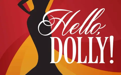 Silhouette d'une femme élégante sur fond rouge et jaune, avec le texte "Hello Dolly!" en blanc. Idéal pour un site WordPress.