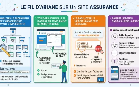 Infographie expliquant le fil d'Ariane sur un site d'assurance : analyse, utilisation, design et règles pratiques.