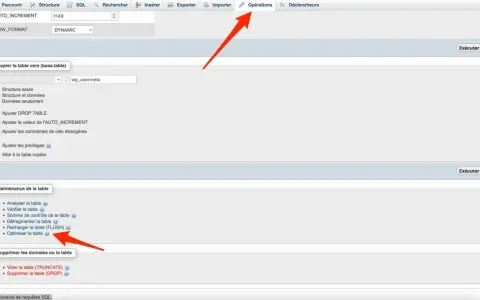 Interface d'administration pour une base de données WordPress, montrant les options d'opérations et de maintenance de table, comme "Optimiser la table".