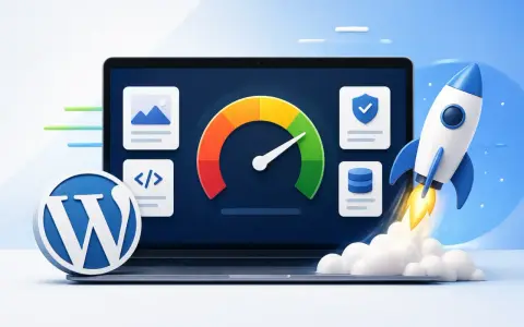 Boostez votre site WordPress avec un track SEO optimal. Icônes de performance, sécurité et base de données, fusée décollant.