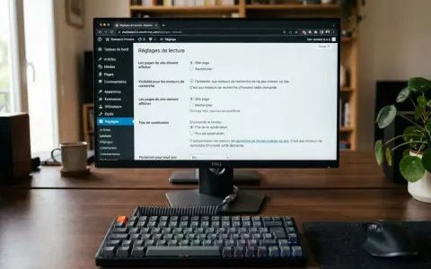 Paramètres de lecture WordPress : cochez "Demander aux moteurs de recherche de ne pas indexer ce site" pour ne pas indexer une page WordPress.
