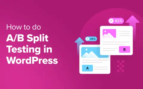 Guide pour l'A/B testing sur WordPress. Deux versions de page (A et B) avec des pourcentages de conversion (38% et 62%).