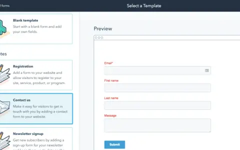 Interface de création de formulaires, offrant des modèles comme "Contact us" ou "Registration", une alternative à Google Forms.