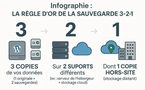 Infographie sur la règle d'or de la sauvegarde 3-2-1 pour WordPress : 3 copies, sur 2 supports différents, dont 1 copie hors-site.