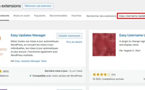 Interface WordPress pour changer identifiant. Recherche du plugin "Easy Username Updater" pour modifier nom d'utilisateur.