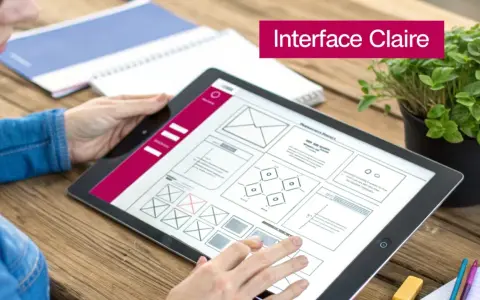 Une personne utilise une tablette pour créer un annuaire en ligne. L'interface affiche des maquettes et des wireframes.